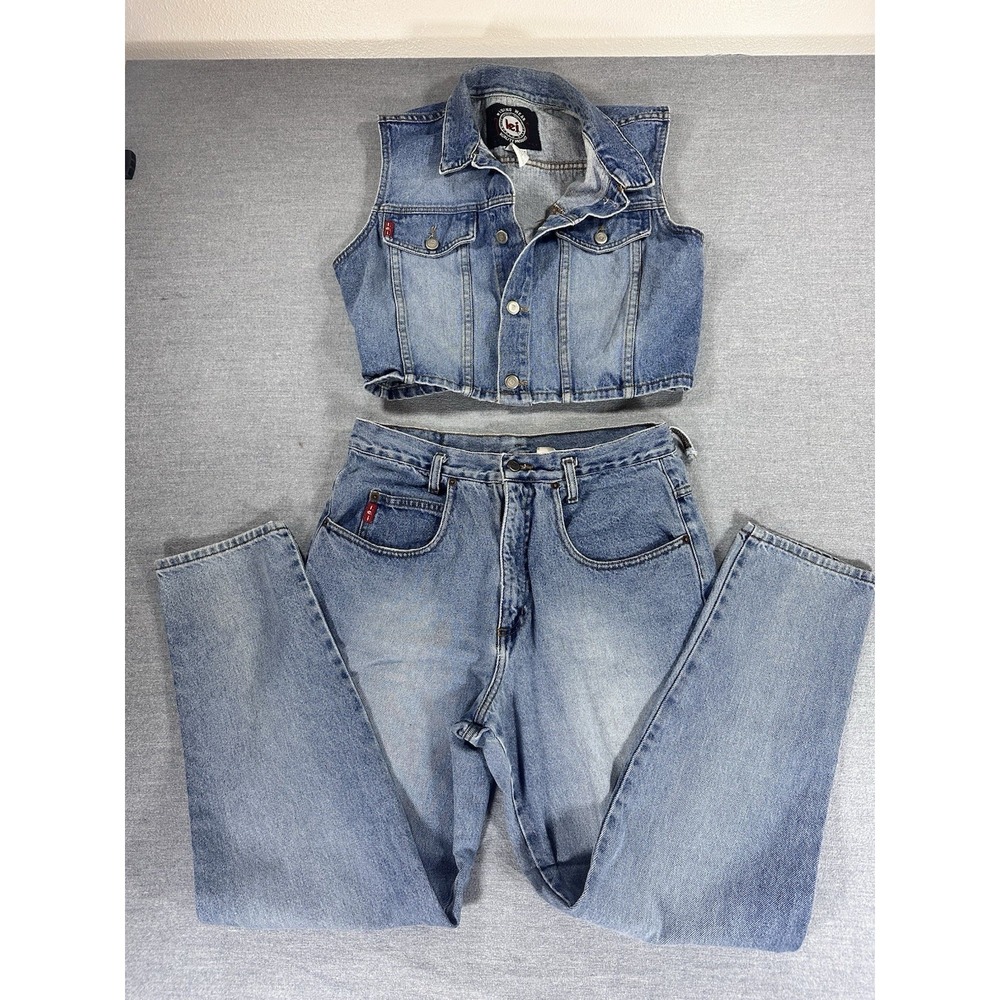 Vintage 90s LEI Riding Wear Denim Set Large Jeans Cropped Vest Y2K USA